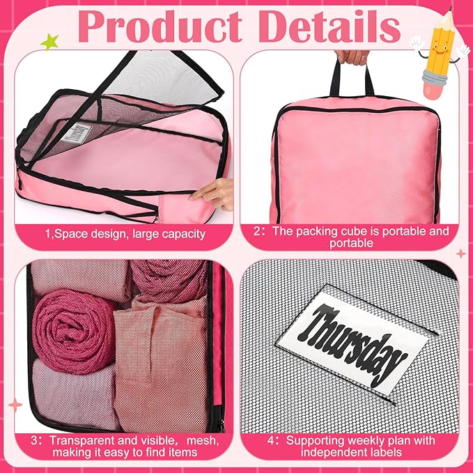 7 Pcs Packing Cubes for Travel Days of Week Compression Packing Cube with Labels Organizers Luggage Storage Bag(Pink,Large)