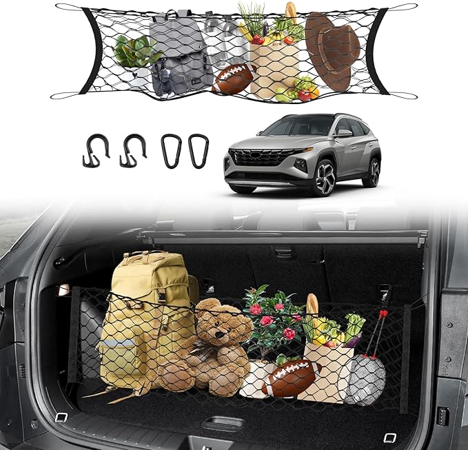Karltys Envelope Style Cargo Net for Hyundai Tucson 2026 2025 2024 2023 2022 Accessories, Adjustable Elastic Rear Trunk Cargo Net, Heavy Duty Nylon Mesh Storage Netting Organizer