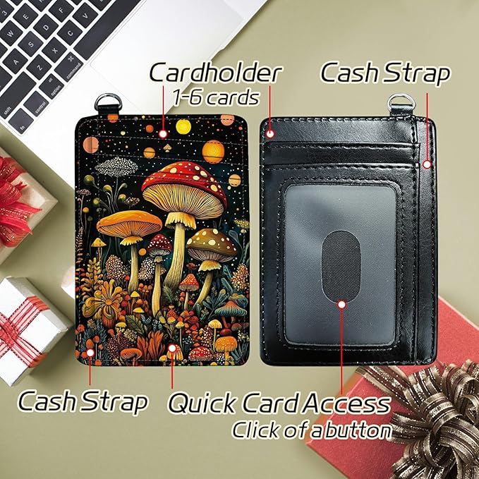Small Travel Wallets, Magic Colorful Mushrooms Slim Minimalist Front Pocket Wallet with Wristlet, RFID Blocking PU Leather Credit Card Holder with ID Window Change Purse for Men Women