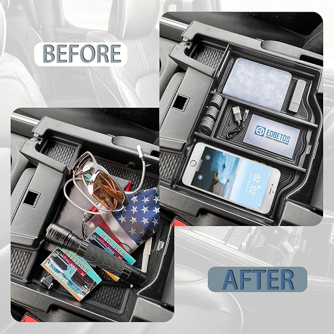 EDBETOS Full Center Console Organizer Compatible with 2019-2023 2024 2025 2026 Dodge RAM 1500 2500 3500 Accessories ABS Plastic Material Insert Tray Secondary Storage Armrest Box, Black