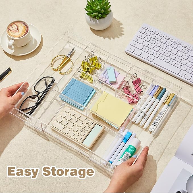 Briwooody 2 Pcs Acrylic Desk Drawer Organizer Maximum 12 x 18 x 2.1 Inch Expandable Drawer Organizer Trays with 8 Adjustable Compartments Desk Accessories for Makeup Silverware Office Bathroom