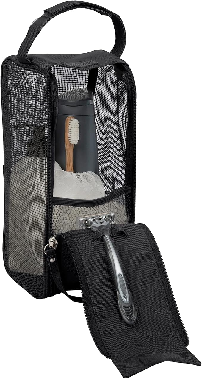 Simplify Hanging Mesh Toiletry Bag | Travel Organizer | Perfect for Dorm | Gym | Back to School | Shampoo | Shower Accessories | Black