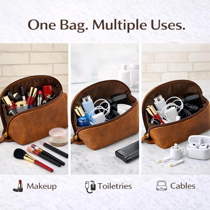 Genuine Leather Toiletry Bag for Men & Women, Leather Makeup Bag, Travel Dopp Kit Organizer with YKK Zipper, Handmade Cosmetics Case for Toiletries & Makeup (9 x 6 x 4 Inch) Tan