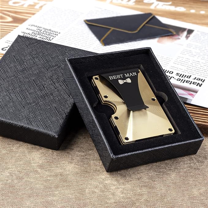 awofer Best Man Gifts Set Personalized Custom Wallets for Best Man Aluminum Metal Wallet with Money Clip Engraved Wallet Gold Groomsmen Gifts Card Holder on Wedding