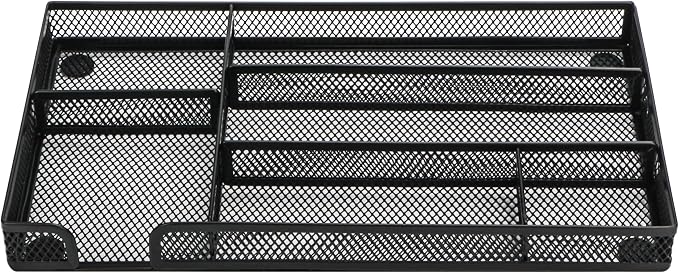 Annova Desk Drawer Organizer Tray for Office Organization - Metal Mesh - Storage Tray with Dividers for Pens, Desktop Accessories, Bathroom, Kitchen, Makeup and Office Supplies (Small, Black)