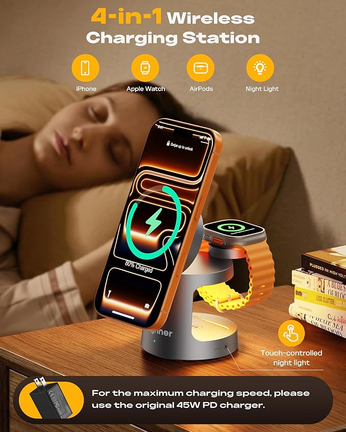 3 in 1 Charging Station Compatible with MagSafe Charger, Qi2.2 25W Magnetic Wireless Charger with Night Light, Foldable Charging Stand for iPhone 17/16/15/14/13/12, Apple Watch, AirPods (45W Adapter)