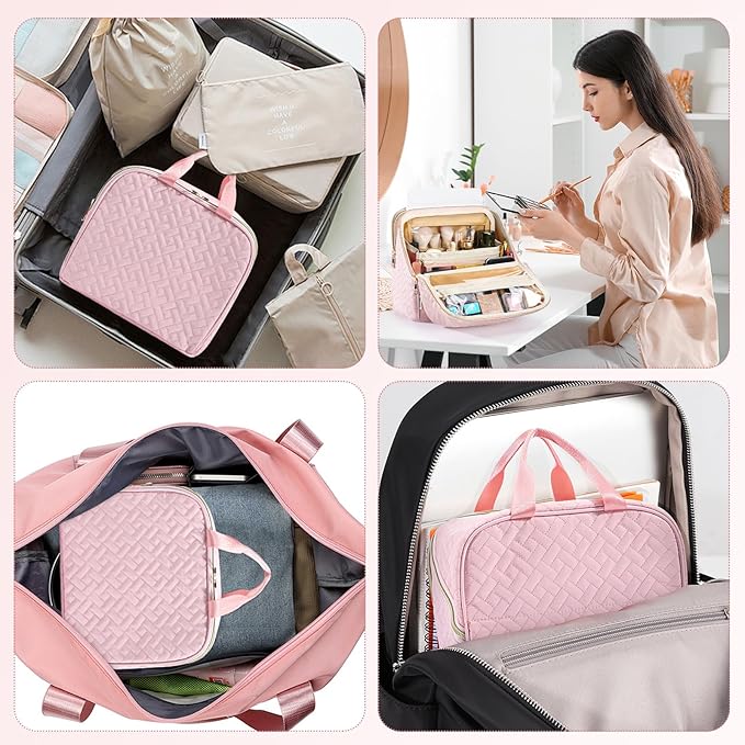 Makeup Bag, Large Capacity with Room for Brushes and Mirror, Travel Makeup Organizer, Portable Standing Make Up Case, Waterproof Cosmetic Bags with Handle, Color Pink