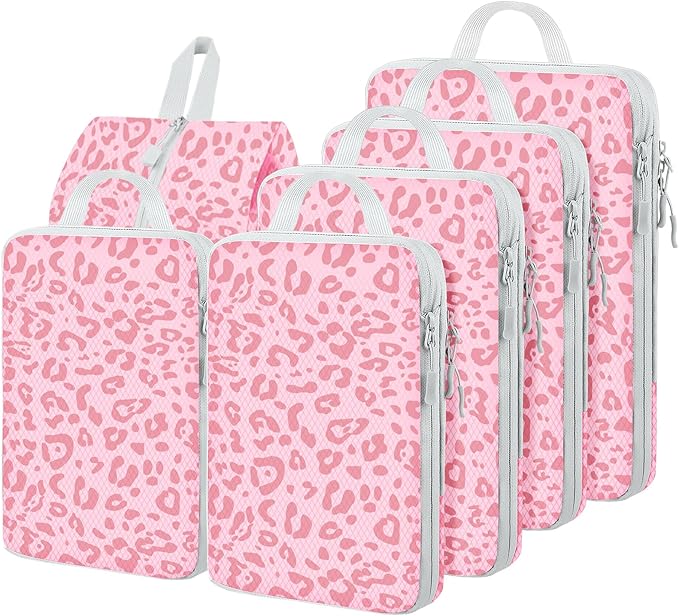 6 Set Compression Packing Cubes, Suitcase Organizer, Lightweight Travel Essentials, Compression Bags For Travel Accessories Luggage Storage Set (6Pcs, Pink Leopard)