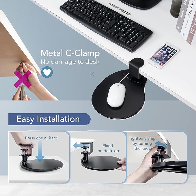 EHO Clamp on Mouse Platform, Clip on Pad Rotating 360 Degree, Ergonomic Mouse Tray Attachment, Mouse Pad, Slide Out Tray, Suitable for 1.5" Thickness Desk, for Home Office Desk Organizer (Platinum)