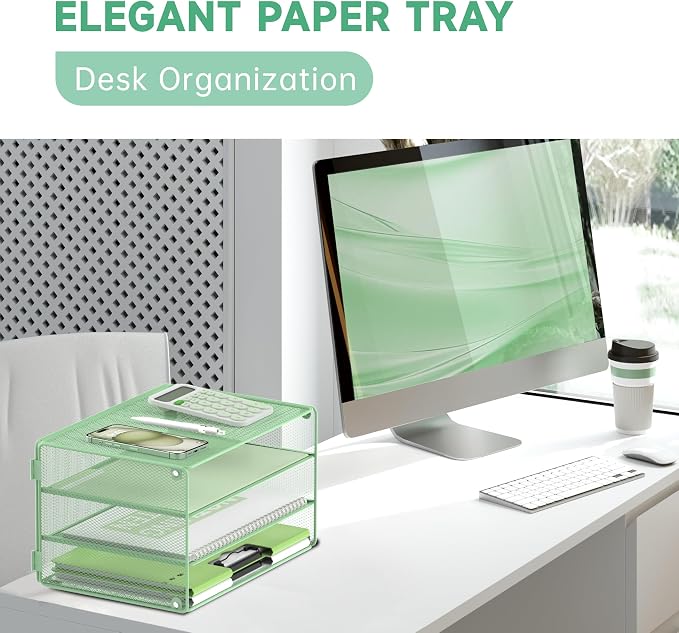 DALTACK 3 Tier Letter Tray Paper Organizer for Desk, Mesh Metal Desk File Organizer with Sliding Trays for Letter/A4 Paper, Mail, Bills & Folders, Mint Green