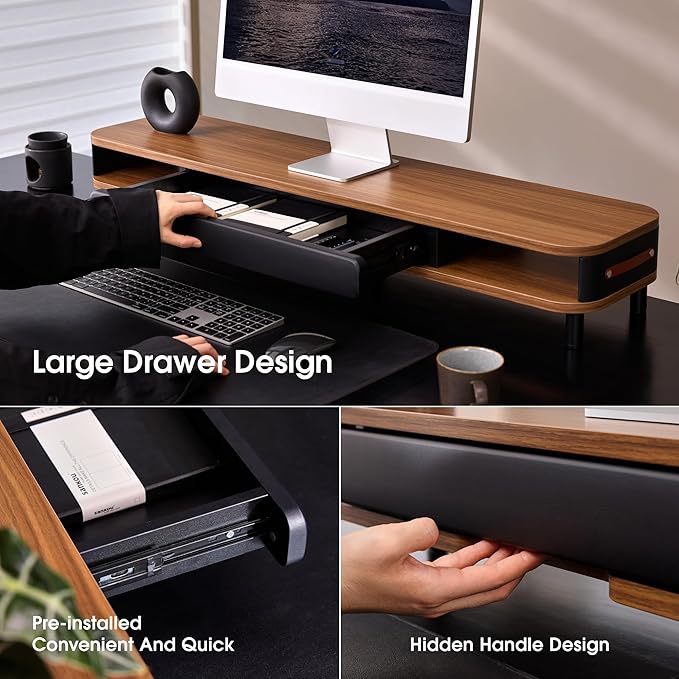 Fenge Monitor Stand with Large Drawer, 42.5 Inch Dual Monitor Riser for 2 Monitors, Ergonomic Computer Desk Shelf with Soft Touch Leather & Storage Organizer for Laptop, Computer, TV, PC, Printers