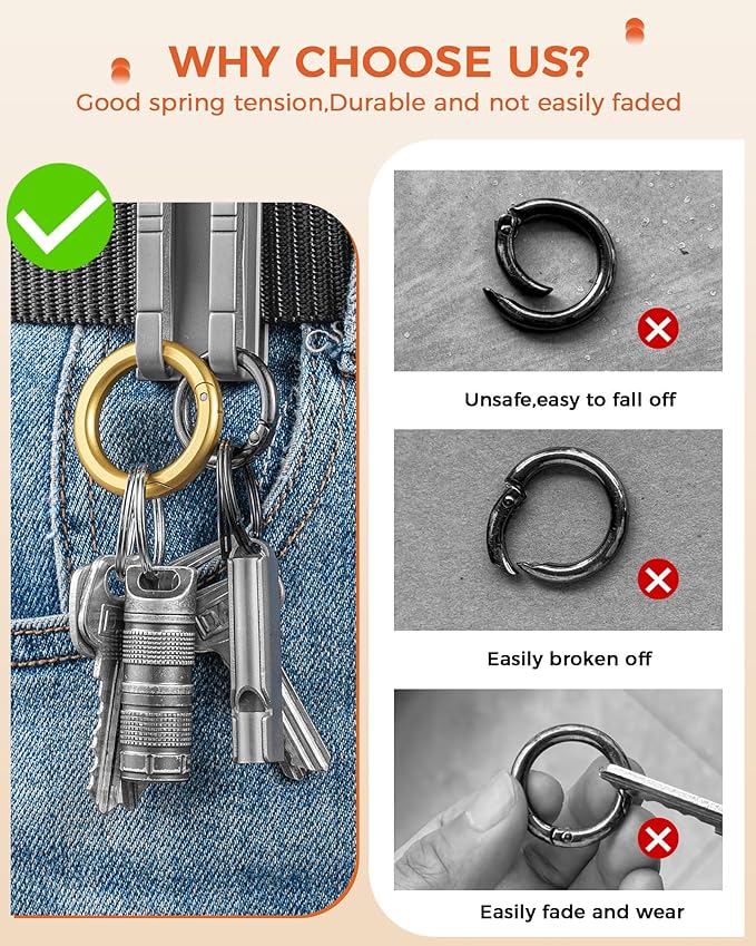 FEGVE Round Carabiner Keychain Clip,1.36 in Gold Spring O Key Rings Clip, Key Chain Quick Release Snap Hook for Women