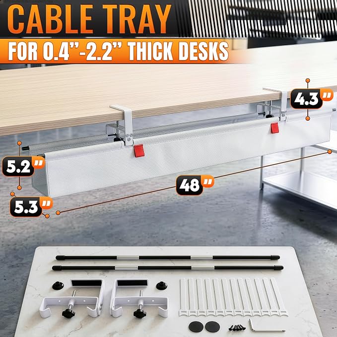 Under Desk Cable Management Tray 48" — No Drill Clamp-On Cord Organizer for Desk with Built-in Ties, Heavy Duty Metal Clamp, Foldable 600D Oxford Fabric for Home Office, WFH & Gaming PC Setup (White)