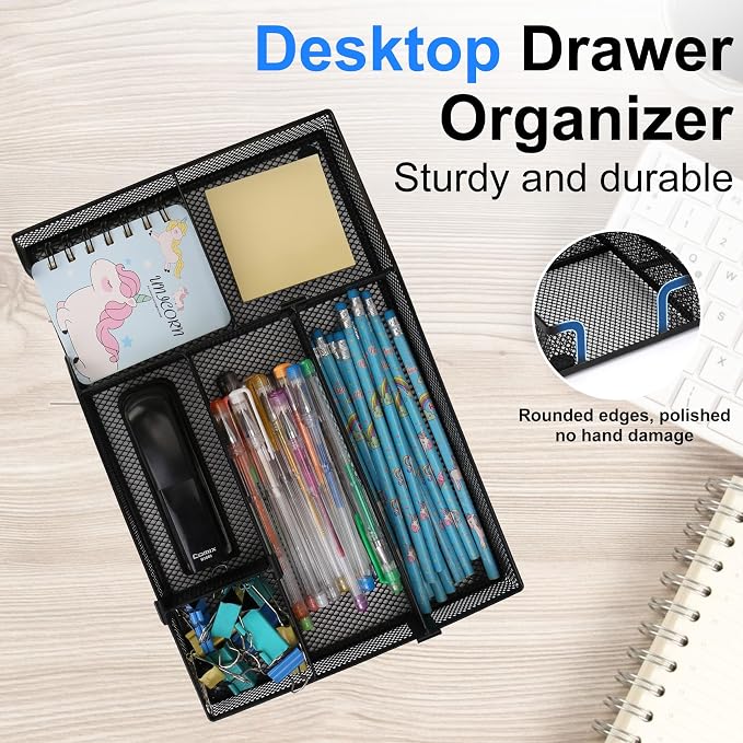 Desk Drawer Organizer Tray with 2 Adjustable Compartments, Metal Mesh Drawer Organizer, Multifunctional Desktop Drawer Organizer Organizer Set for Office, Home and School Supplies, 2.6x8.26x1.57 in