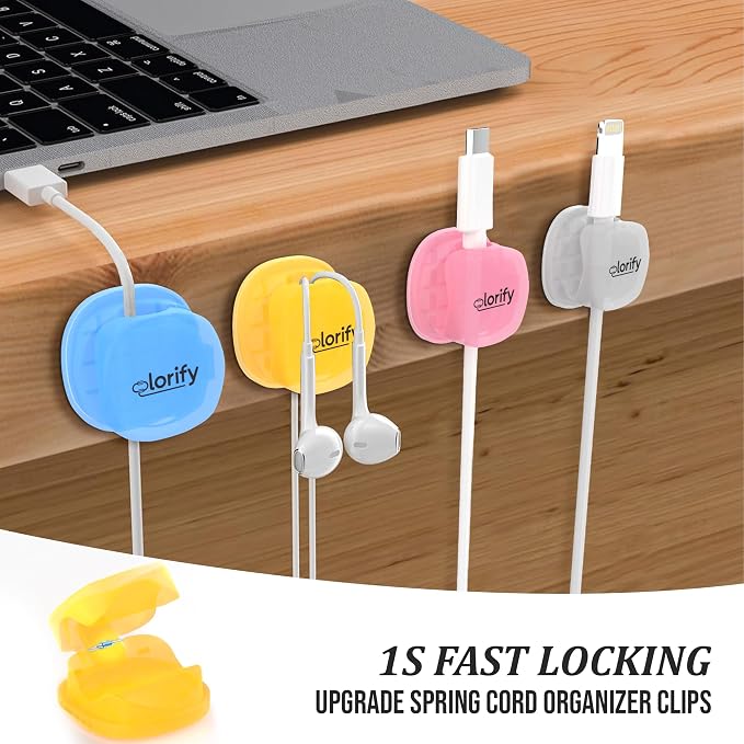 12 Pack Rotatable Spring Cable Clips, Adhesive Cord Holders for Desk, Nightstand, Laptop, Phone Charging Clips & Car Cable Organizer for Home & Office (Multicolour)
