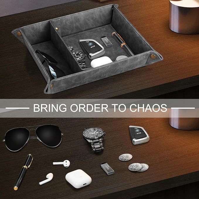 SITHON Valet Tray Desktop Storage Organizer, Removable 2 Compartments Catchall Tray Bedside Vanity Nightstand Caddy Holder Desk Storage Plate (Gray)