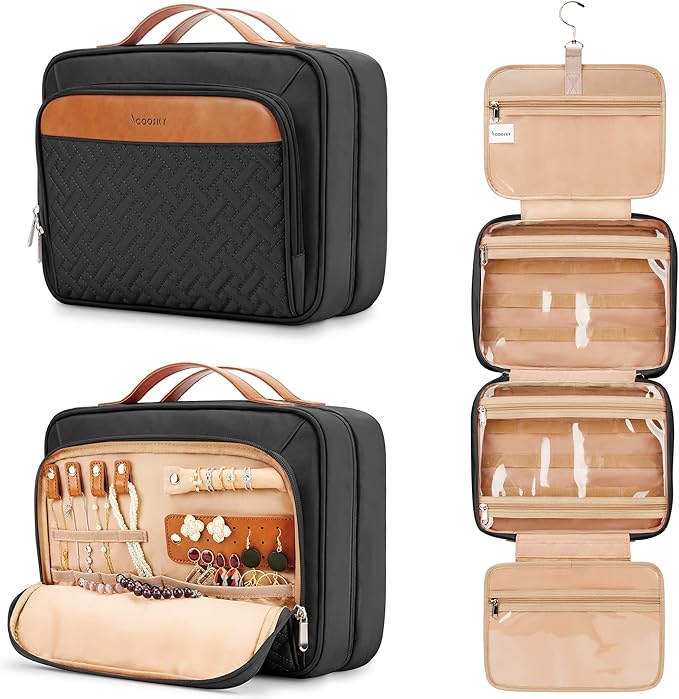 COOSKY Travel Hanging Toiletry Bag for Women, Holds Full-Size Shampoo, with Jewelry Organizer Compartment, Extra Large Makeup Bag, Waterproof Cosmetic Bag, Toiletries Kit Set with Trolley Belt, Black