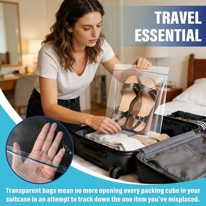 Waterproof Shoe Bags for Travel Packing Storage, Smellproof Travel Essentials Bag for Men and Women, Clear (15-pack)