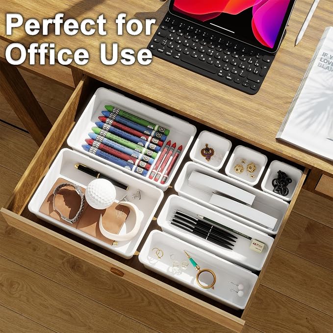 QUELIEN Desk Drawer Organizer Tray Set, 16PCS Plastic Drawer Organizer Bins for Office, Makeup, Kitchen - White Desk Organizer with Flexible Interlocking Design for Efficient (White, 16PCS)