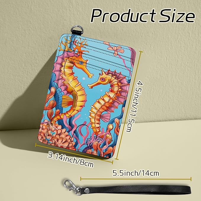 Small Travel Wallets, Seahorse Slim Minimalist Front Pocket Wallet with Wristlet, RFID Blocking PU Leather Credit Card Holder with ID Window Change Purse for Men Women