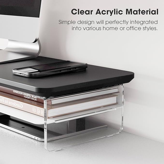 Fenge Acrylic Monitor Stand, 42.5 Inch Clear Dual Monitor Riser with Metal Storage, 2 Tier Computer Riser with LED Lights for Desk, Laptop, Printer, TV