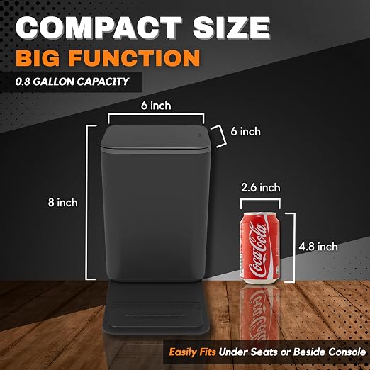 Car Trash Can with Stability Wings – Leakproof Portable Garbage Bin for Fabric & Rubber Mats – Compact Durable Plastic Auto Organizer for Cars, SUVs, Trucks (Black with Lid, Medium)