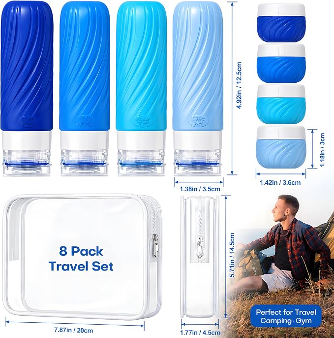 Travel Bottles for Toiletries 8 Pack: TSA Approved 3oz Leak Proof Containers - Silicone Squeezable Bottles for Shampoo Lotion - Travel Essentials for Women Men with Clear Bag