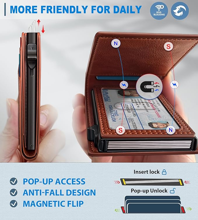 Wallet for Men, Slim Pop Up Card Holder with RFID Blocking, Minimalist Bifold Wallet with 9 Card Slots, ID Window and Cash Pocket, Metal Flip Case with Magnetic Closure, Gift Box