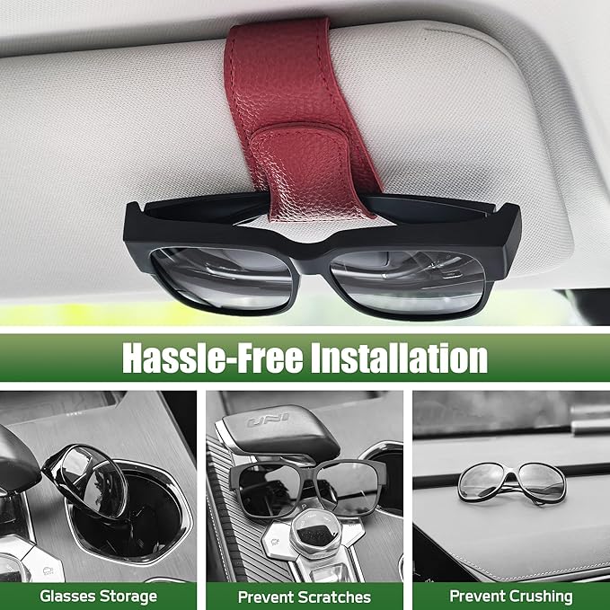 2 Packs Sunglasses Holders for Car Visor, Magnetic Leather Glasses Eyeglass Hanger Clip for Car, Ticket Card Clip Sunglasses Mount, Sunglass Organizer for Auto Accessories (Red)