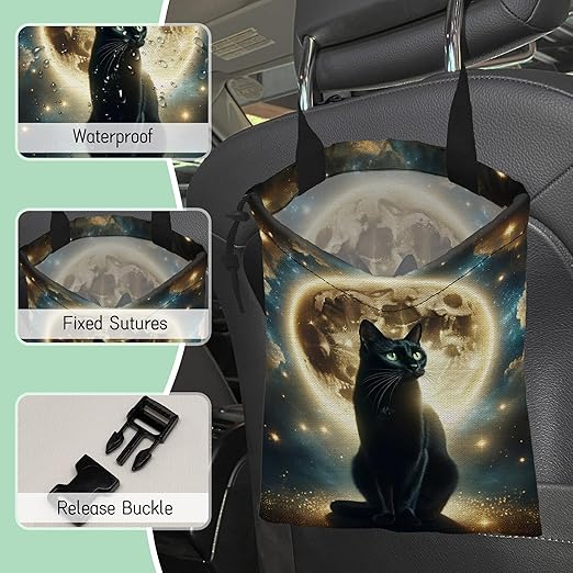 Black Cat Car Trash Bag,Full Moon Hanging Drawstring Car Garbage Bag,Waterproof Canvas Car Back Seat Organizer with Adjustable Buckle,for Vehicles,SUVs,Camping,Road Trips
