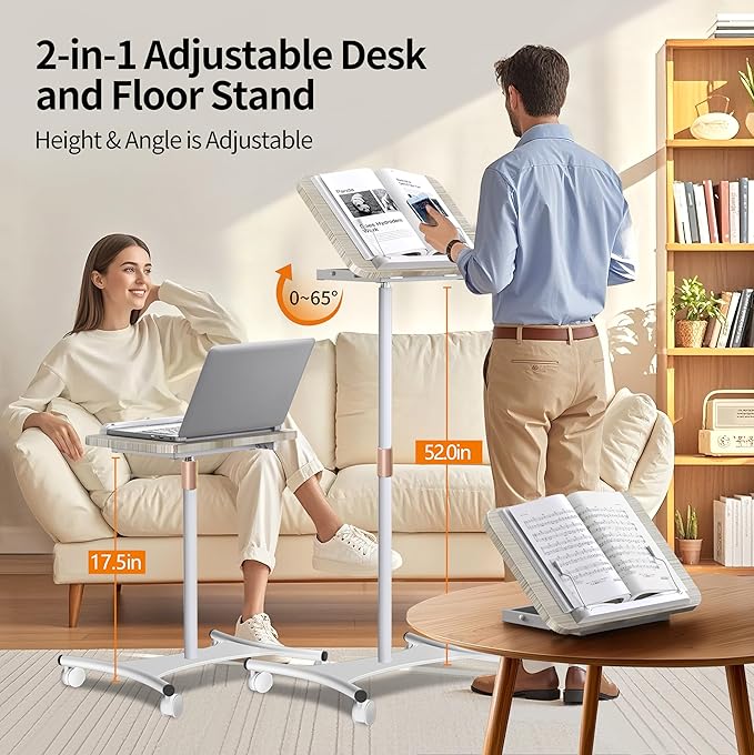 Rolling Laptop Stand, 2 in 1 Dual-use Floor & Desktop, Adjustable Height from 16.5" to 51", with 4 Lockable Casters, Small Mobile Standing Desk Perfect for Home, Office, Meeting Room, Study (White-N)