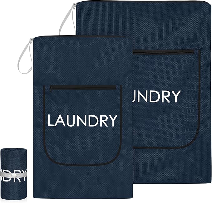 Weesiber 2 Pack Laundry Bags - Foldable Travel Dirty Clothes Organizer with Zipper, Washable Wet Dry Bag for Gym, Swimming, Yoga, and Workout Bathing Suits (Navy Blue, Small+ Large)