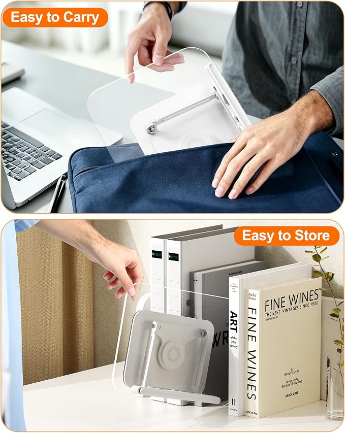 Acrylic Book Stand for Reading, Adjustable Book Holder with 360° Rotating Base & Elastic Page Clips, Foldable Desktop Riser Stand for Cookbook,Laptop,Tablet,Music Scores,Recipe,Textbook (White, 11.8")