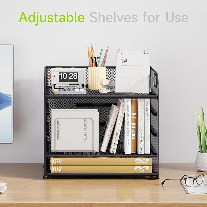 Cawukege 5 Tier Paper Organizer with Handle, Grey Metal Mesh Desk Organizer File Folder Paper Letter Tray Desktop Document Sorter for Classroom, School, Office Accessories Organization and Storage
