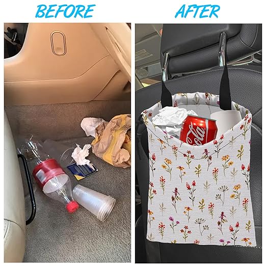 Car Trash Bag Spring Flowers Car Garbage Bag Hanging Car Trash Can for Back Seat with Drawstring