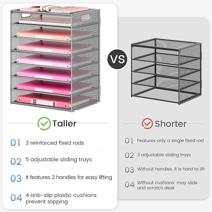 Lavatino 2 Pack 8-Tier Office Desk File Organizer, Letter Tray Paper Organizer with Handle, Including 5 Adjustable Slide Trays for Organizing Desk Workspace Accessories and Supplies (Silver Mesh)