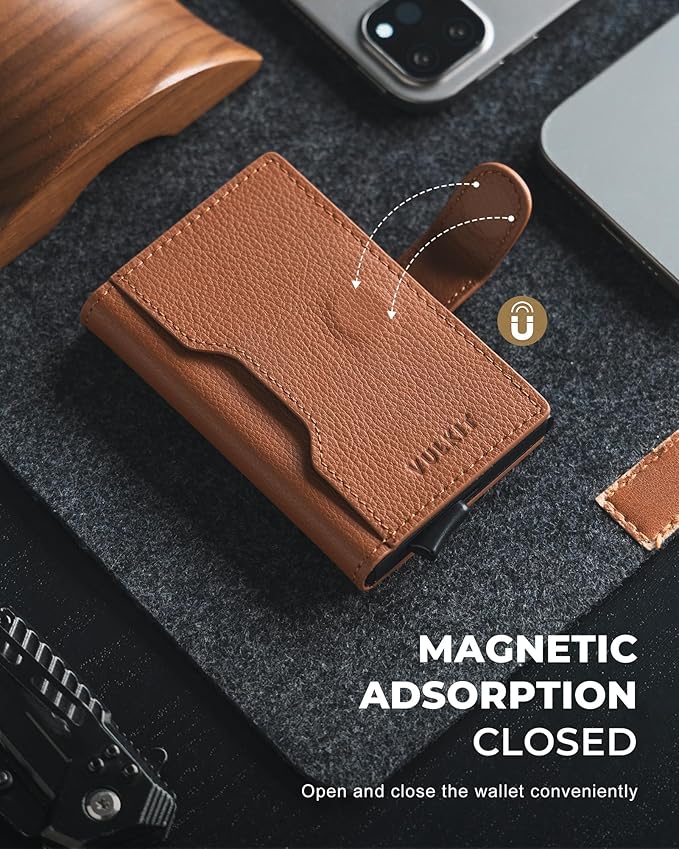 VULKIT Slim Bifold Pop up Wallet Minimalist Leather Card Holder RFID Blocking Metal Card Case with ID Window for Women | with Leather Slots, RFID Blocking, Slim, Metal Card Case