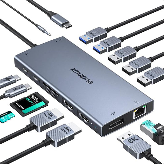 USB C Docking Station Dual Monitor Laptop Docking Station, 15 in 1 Docking Station 3 Monitors with 2 HDMI 4K, DP 8K, 100W PD, 6 USB A/C Ports, Button, USB C Hub Multiport Adapter for Windows Laptops
