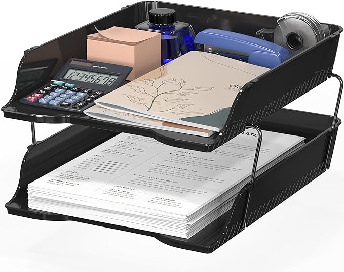 Simple Houseware 2-Tier Stackable Letter Tray Organizer – Desktop File Holder for A4/Letter Size Paper, Document Sorter, Office Desk Paper Organizer, Black