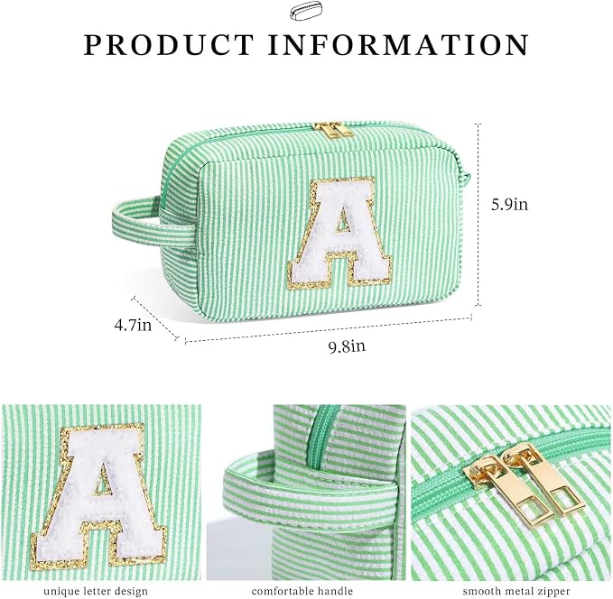 YOOLIFE Initial Cosmetic Bag for Women - Monogram Cute Makeup Bag Cosmetic Case Toiletry Pouch for Women Her Best Friend Sister Teacher, Personalized Birthday Gifts for Women, Light Green I