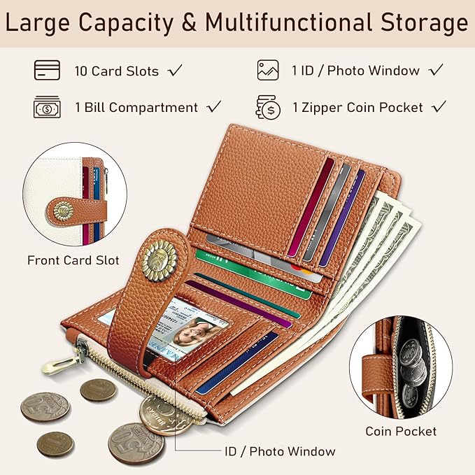Kelvoris Small Rfid Women Wallet Bifold Zipper Coin Pocket PU Leather Compact Cash Credit Card Holder Travel Wallet for Female Ladies Teen Girls 1 ID Window 10 Card Slots White and Brown