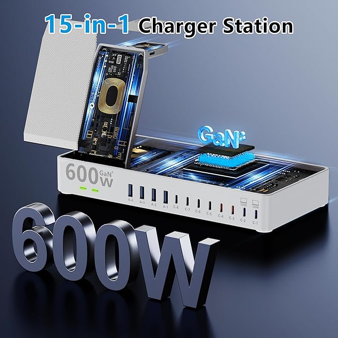 600w Charging Station for Multiple Devices, 15 in 1 Wireless Charging Station for Apple, Dual 100w USB C Tablet Charging Station for MacBook,iPhone,iPad,Tablet (White)