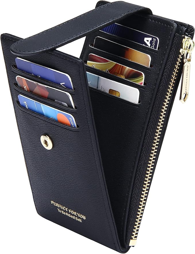 Badiya Slim Women Wallet RFID Blocking Bifold Compact 9 Card Slots Holder Wallets Soft Leather with Zipper Coin Pocket 2 ID Window