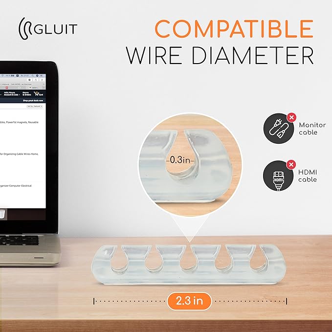 GLUIT Cord Organizer for Desk, Cable Holder for Nightstand, Charger Organizer, Adhesive Desktop Wire Clips, Multislot Cable Management, Table Organizer Accessories - 5 Pack, 15 Slots, Transparent