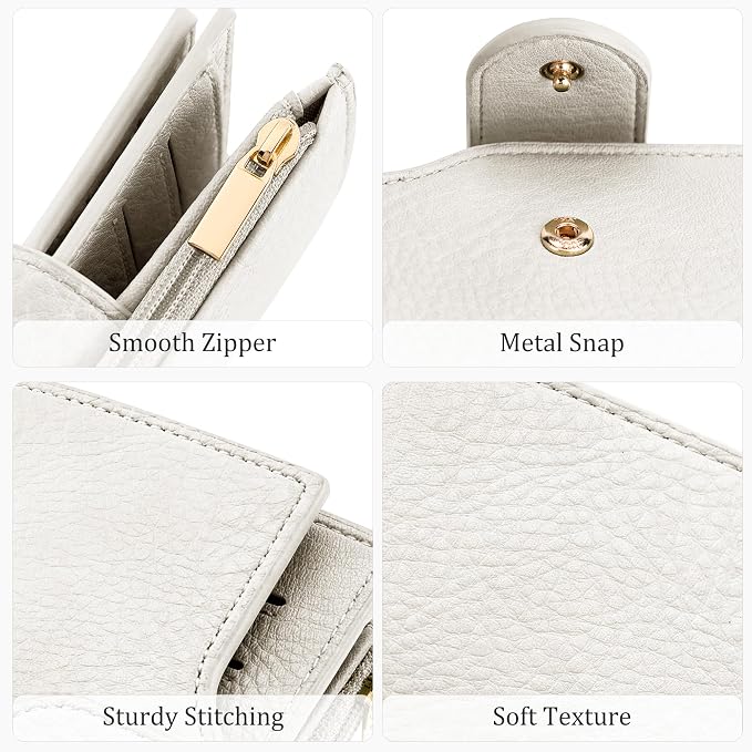 Airkit Small Women's Bifold Wallet, RFID Blocking Credit Card Holder with Zipper, Travel Cute Coin Pocket Wallet for Ladies, Cream White