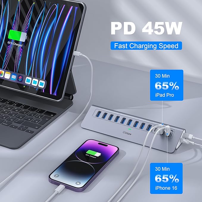 Powered USB Hub 10Gbps, intpw YH9AC 12-Port USB Splitter with USB A/USB C 3.2, 7 USB 3.0, 2 PD 45W Charging Ports, 65W Power Adapter + 3.3FT Cable, Aluminum USB Extender Hub for Laptop/PC/iPhone 16/15