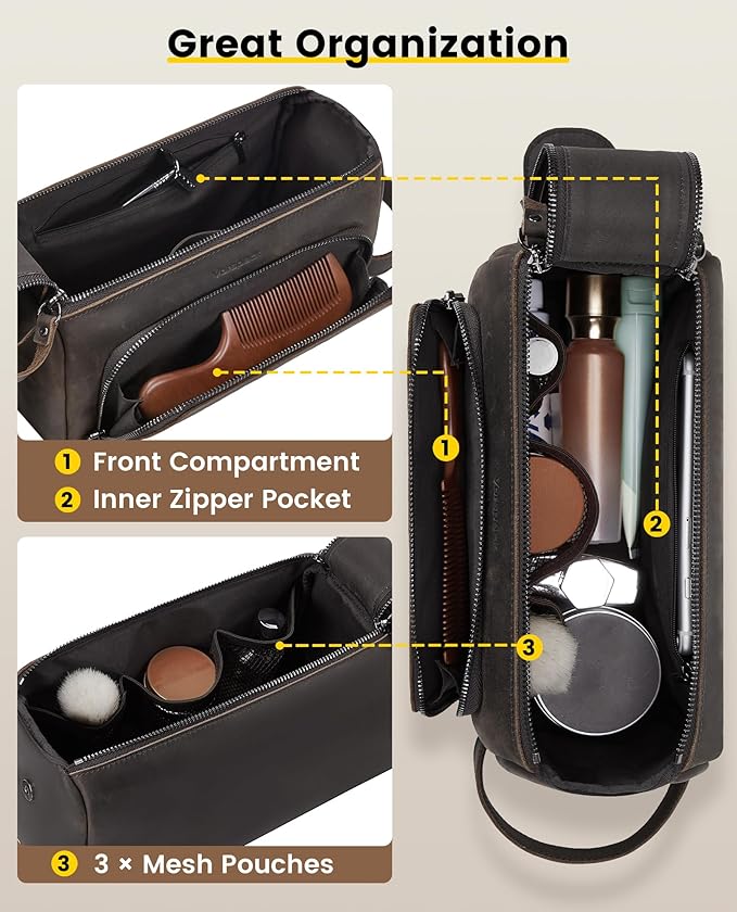 Vorspack Genuine Leather Toiletry Bag for Men - Water Resistant Travel Bag for Toiletries, Essentials, Accessories - Dark Brown