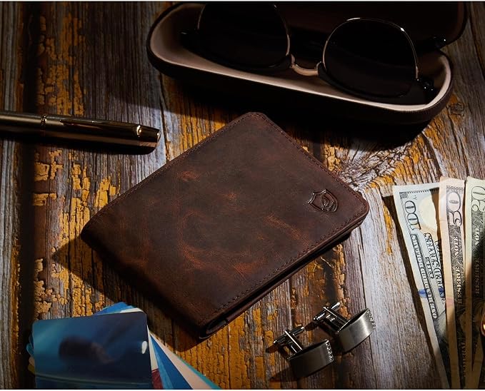 Cochoa Wallet for Men Bifold Leather RFID Blocking High Capacity Slim Card Case with 2 ID Window for Gift (Crazy Horse, Cognac)