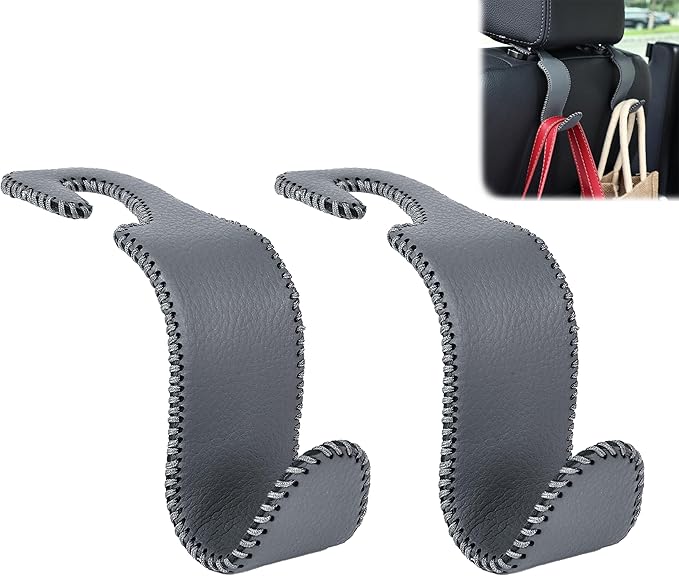 Amooca Car Seat Headrest Hook Universal Vehicle Storage Hanger Leather with Metal Car Seat Back Organizer for Handbag Purse Coat Grey 2 Pack
