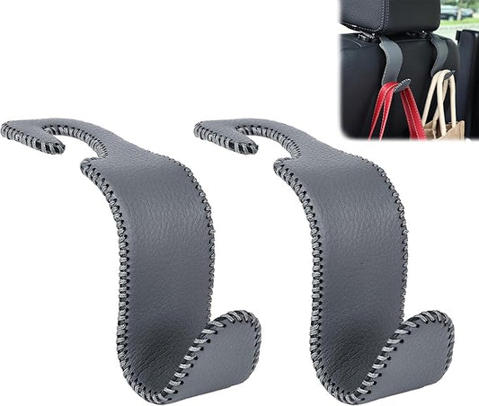 Amooca Car Seat Headrest Hook Universal Vehicle Storage Hanger Leather with Metal Car Seat Back Organizer for Handbag Purse Coat Grey 2 Pack